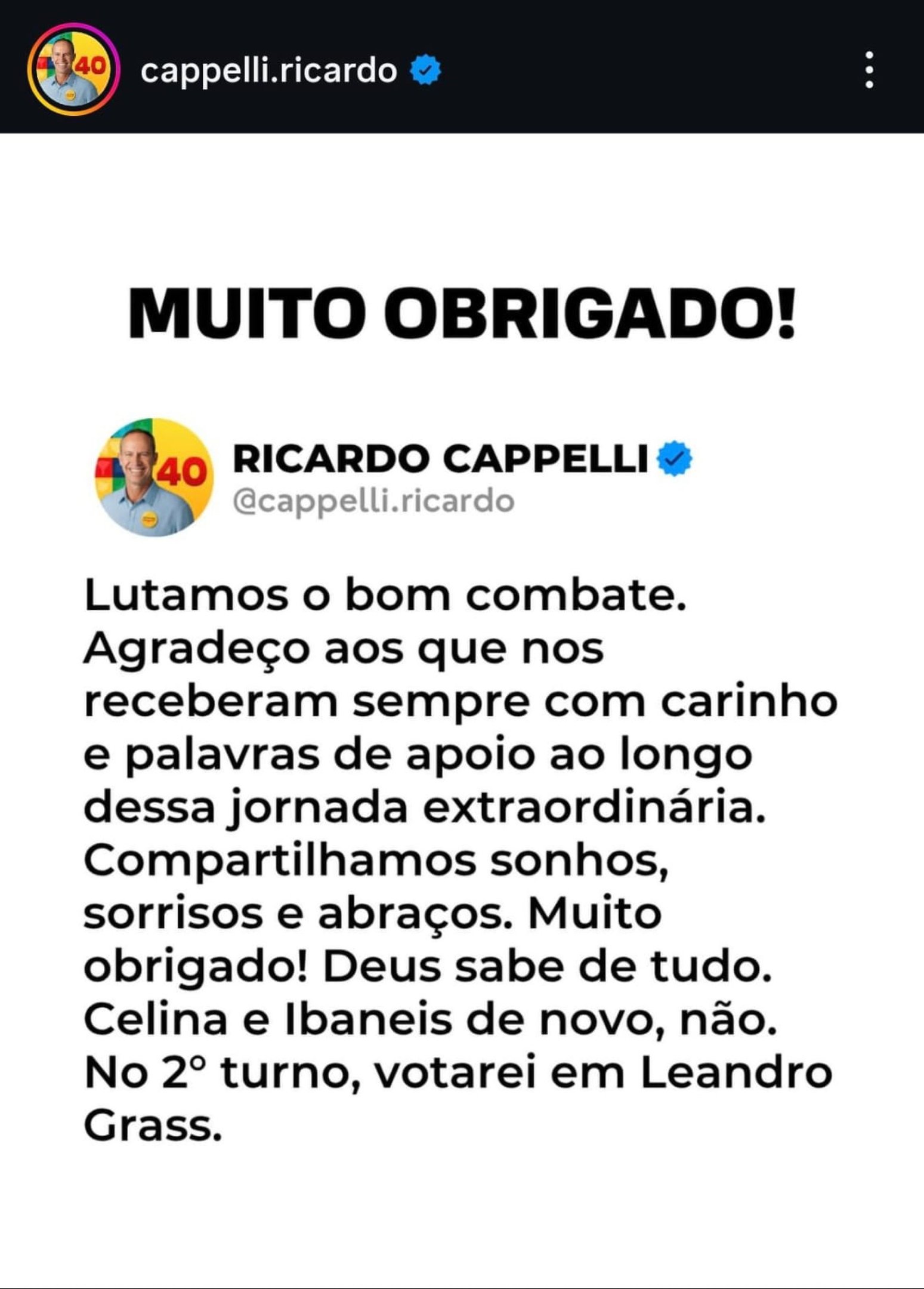 Cappelli declara apoio a Leandro Grass no 2&deg; turno