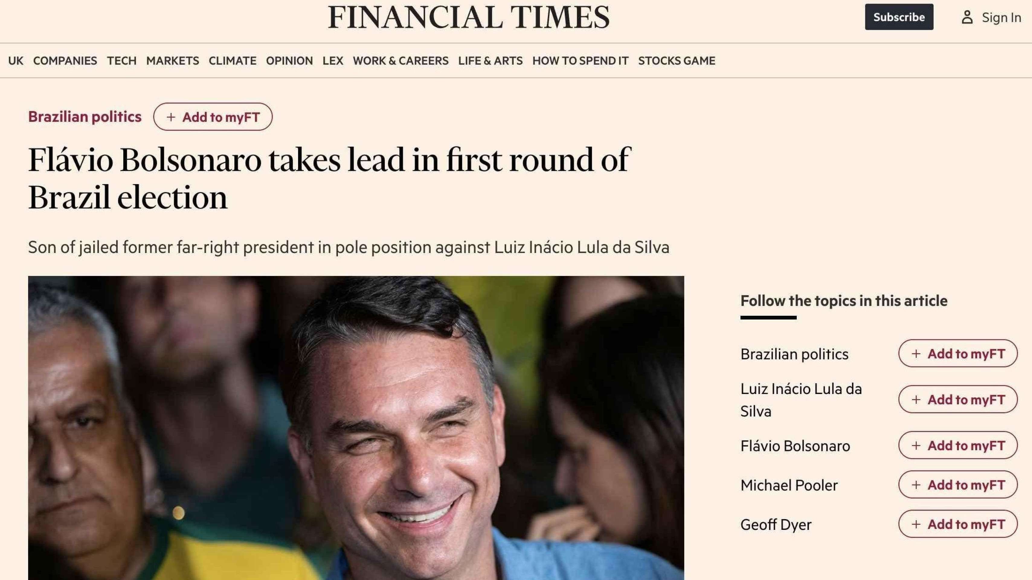 'Virada surpreendente': como imprensa internacional repercutiu vitória de Flávio Bolsonaro sobre Lula no 1º turno
