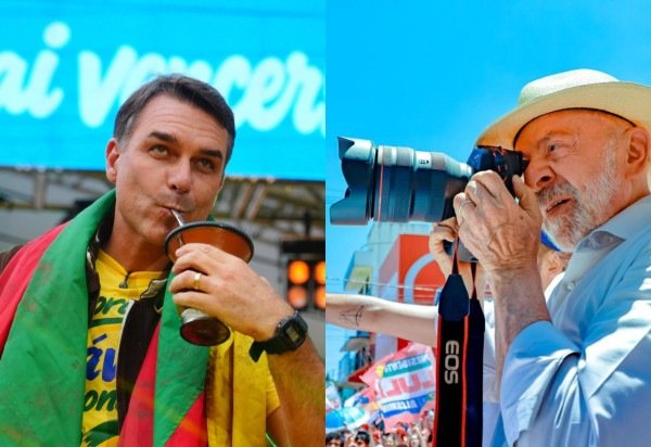 Fotomontagem com os dois protagonistas da campanha presidencial em atos de campanha: Flávio Bolsonaro durante comício em Porto Alegre e Lula em caminhada na Ceilândia -  (crédito: Charles Vieira e Ricardo Stuckert)