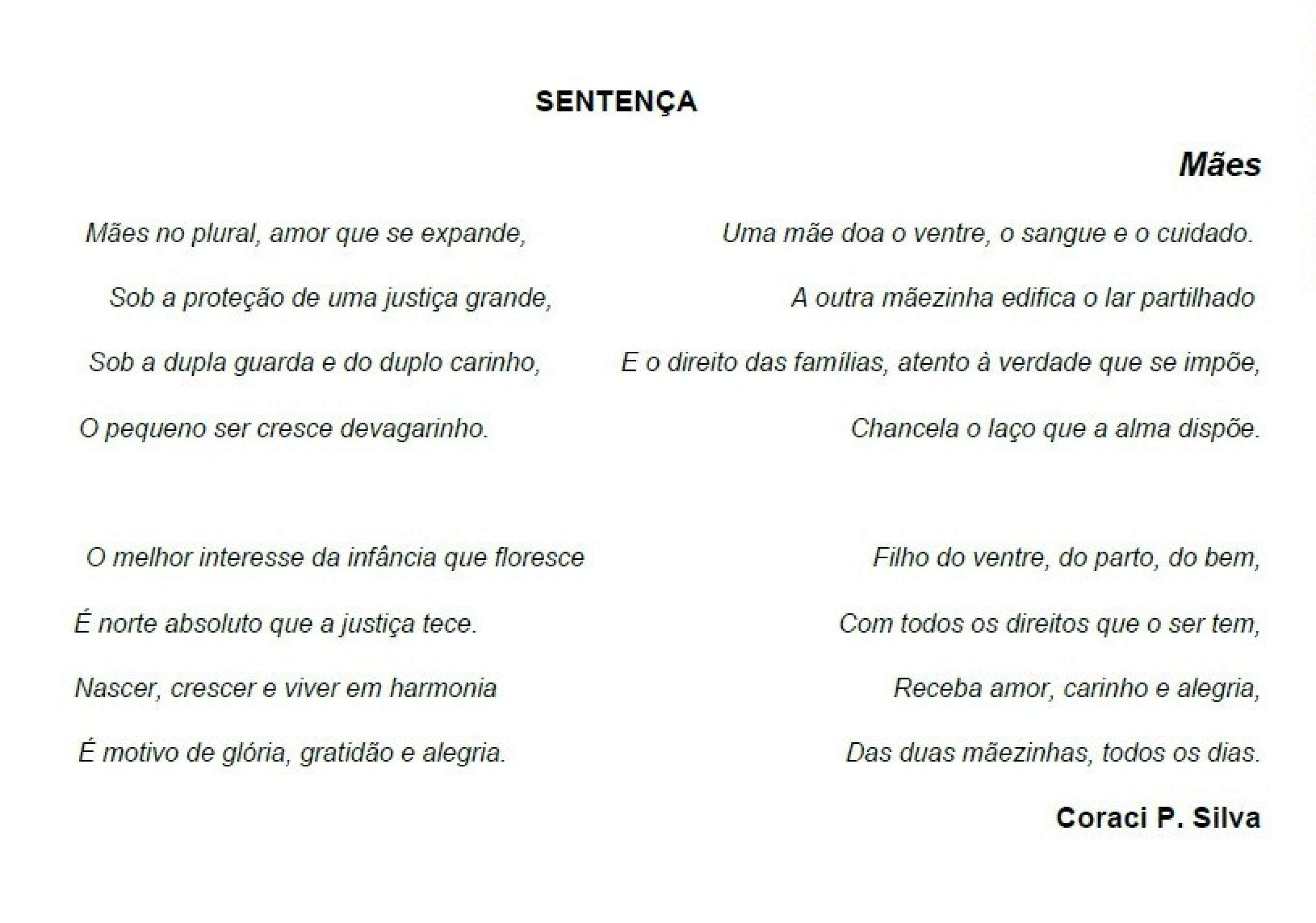Poema escrito pela ju&iacute;za Coraci Pereira da Silva