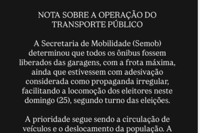 Nota sobre a operação do transporte público da capital baiana
- (crédito: Reprodução) Nota sobre a operação do transporte público da capital baiana
- (crédito: Reprodução)