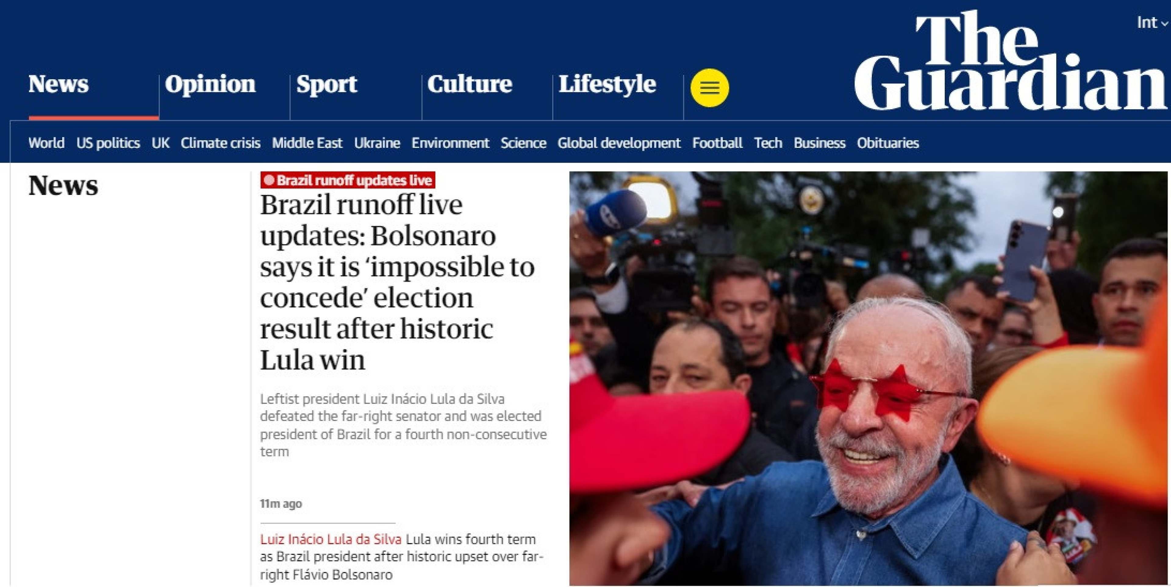 O jornal brit&acirc;nico The Guardian destacou a recusa de Fl&aacute;vio Bolsonaro em aceitar a derrota 