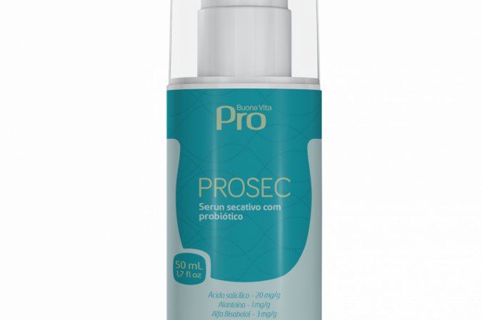 Prosec, da Buona Vita: s&eacute;rum desenvolvido com probi&oacute;tico para o tratamento de acnes e comed&otilde;es (espinhas e cravos) em todos os graus, evitando a forma&ccedil;&atilde;o de cicatrizes (pre&ccedil;o sob consulta).