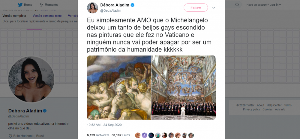 Influenciadora Débora Aladim sugeriu que Michelangelo "escondeu" beijo gay entre os afrescos Influenciadora Débora Aladim sugeriu que Michelangelo "escondeu" beijo gay entre os afrescos