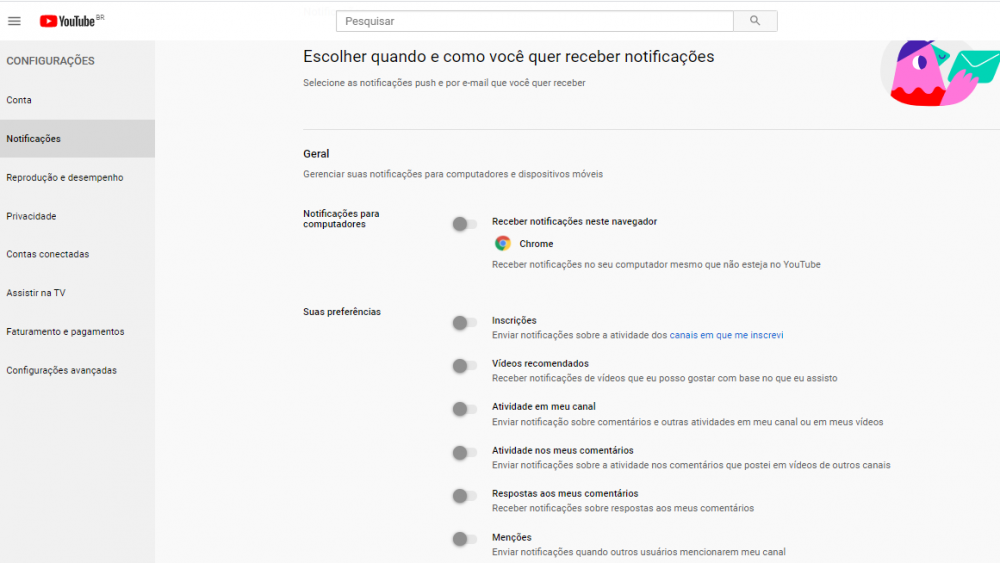 Botões de gerenciamento de notificações e sugestões do YouTube