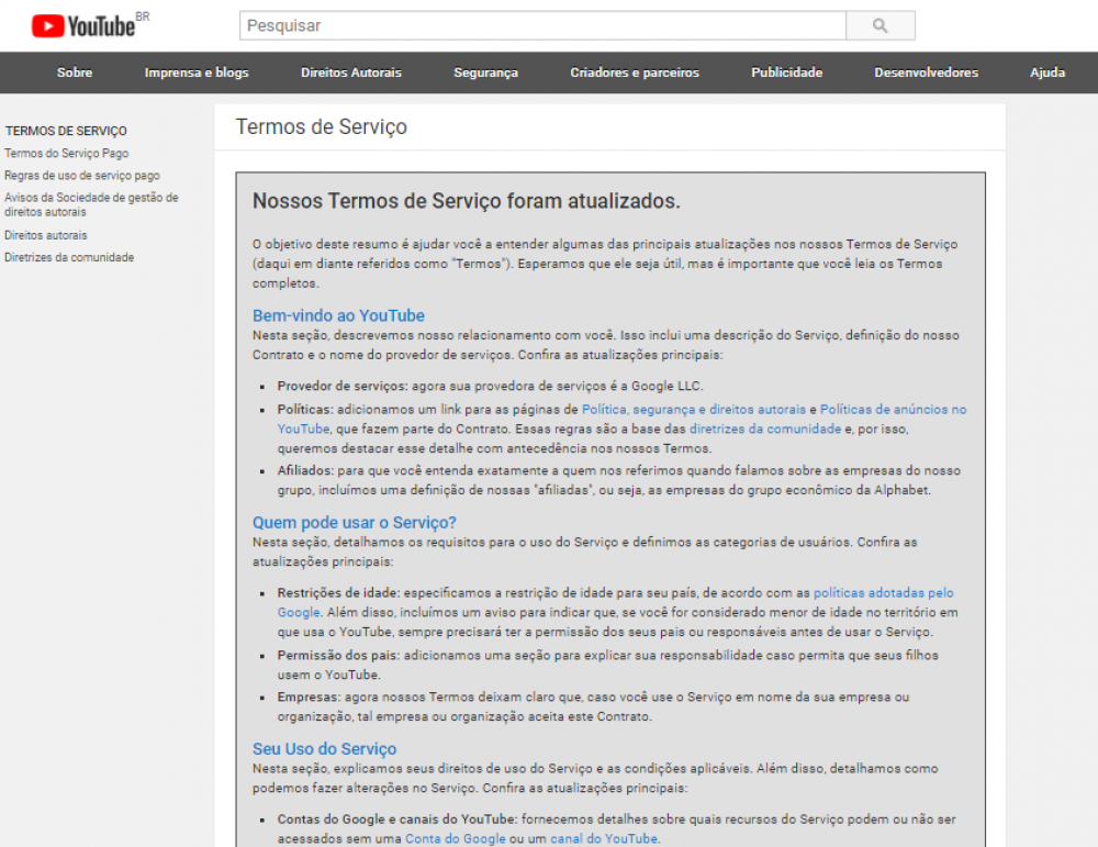 Termos atualizados do YouTube