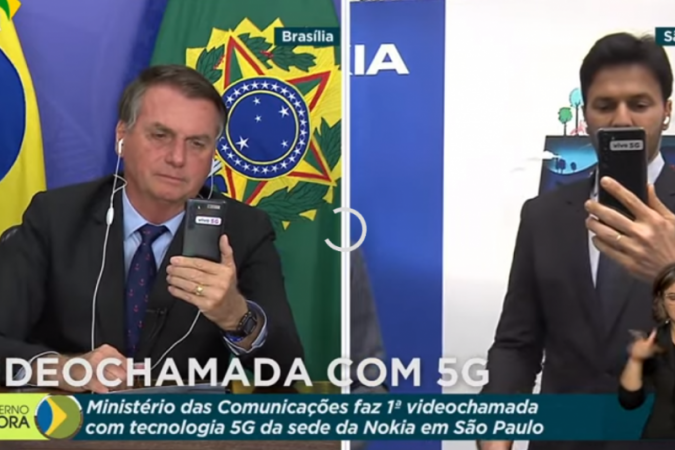 Presidente Bolsonaro e ministro Fábio Faria fizeram primeira ligação em 5G no Brasil - (crédito: Reprodução / Tv Brasil) Presidente Bolsonaro e ministro Fábio Faria fizeram primeira ligação em 5G no Brasil - (crédito: Reprodução / Tv Brasil)