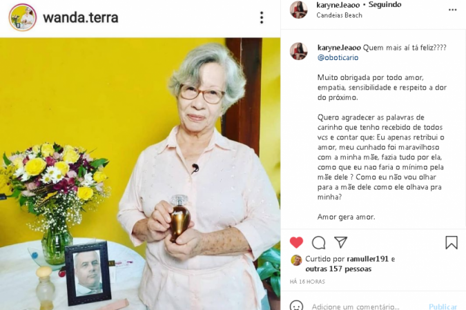 Karyne Leão compartilhou em seu perfil pessoal a foto da Dona Wanda com o perfume que recebeu. Ao lado está a foto do filho que faleceu de covid-19 em março de 2021