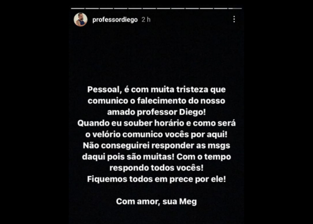 Comunicado de falecimento do professor Diego, publicado por sua esposa, Meg