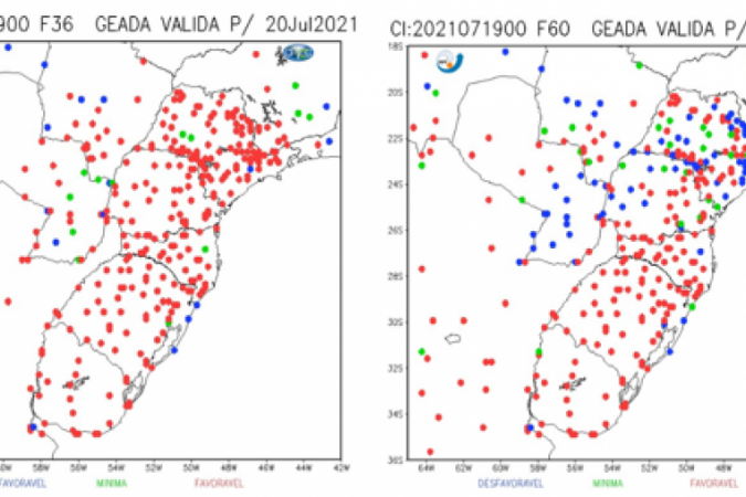 Previsões de probabilidade de geada do modelo WRF 5km para os dias 20/07 e 21/07.