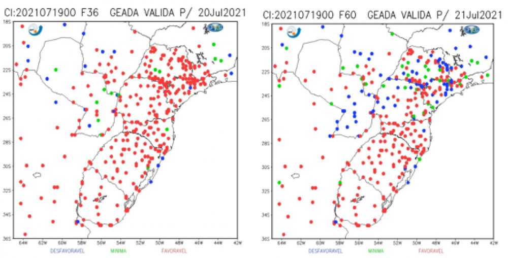 Previsões de probabilidade de geada do modelo WRF 5km para os dias 20/07 e 21/07.