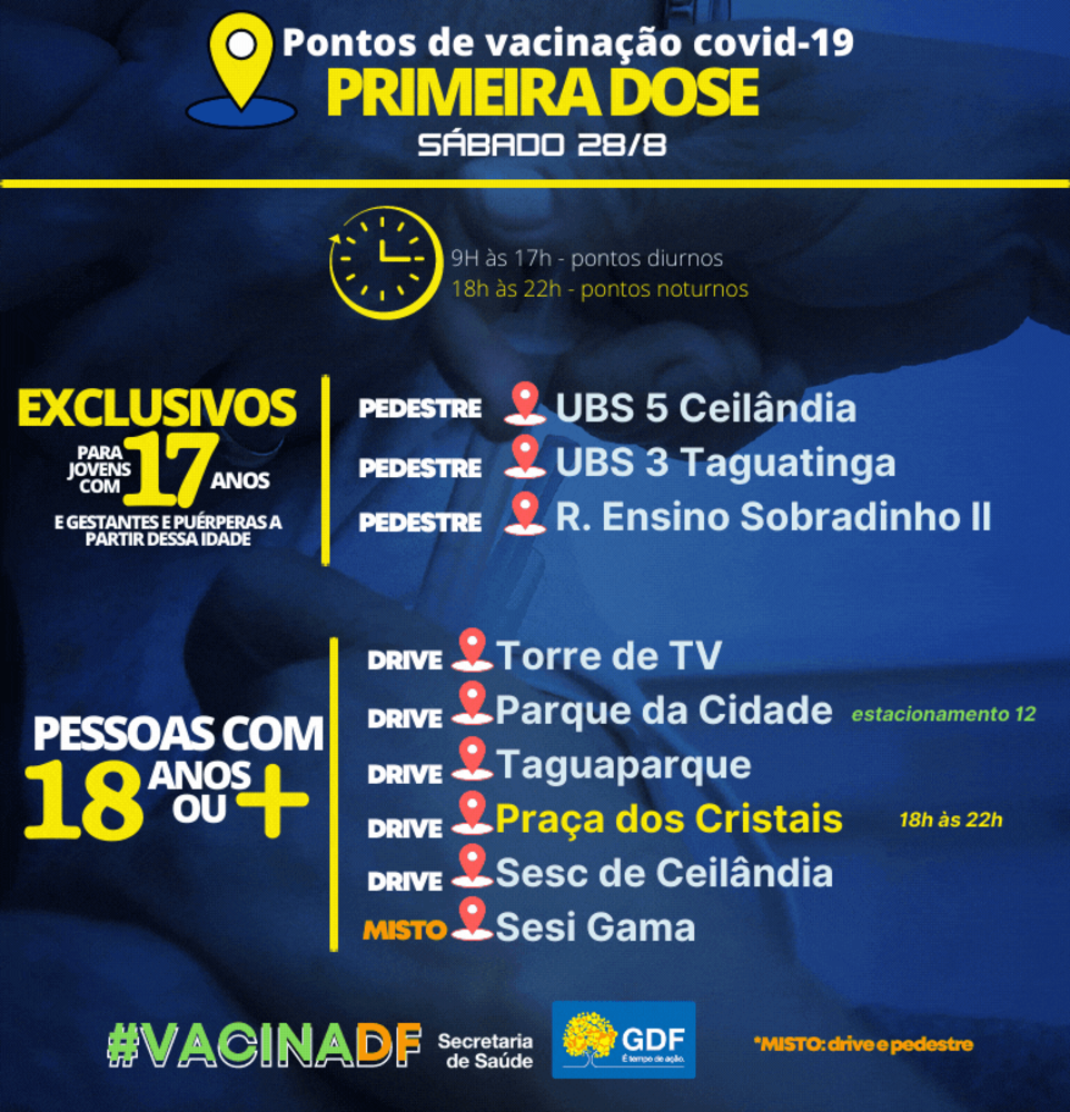 Pontos de vacinação com primeira dose no sábado (28/8)