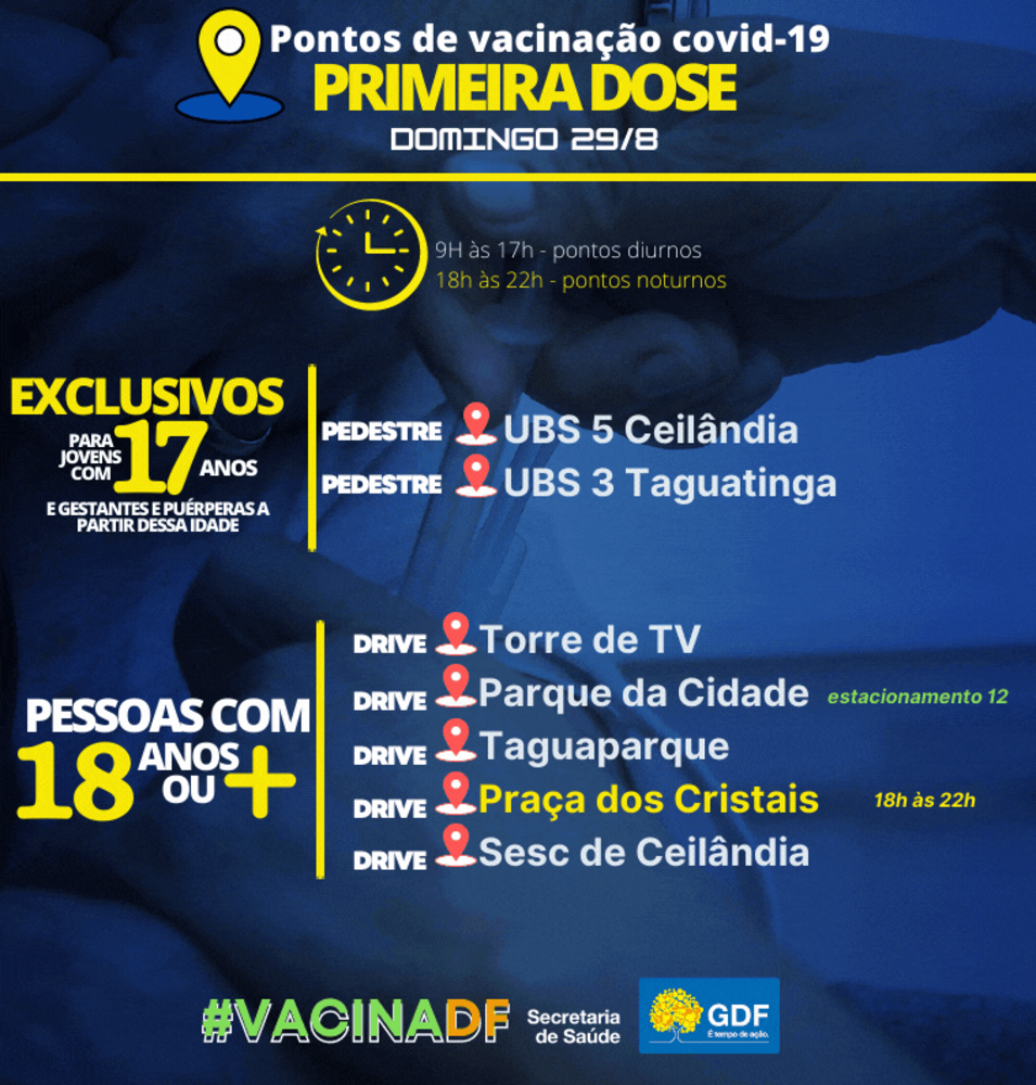Pontos de vacinação com primeira dose no domingo (29/8)