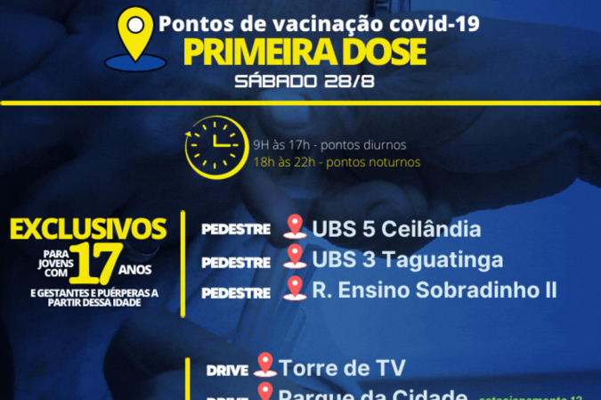 Pontos de vacinação com primeira dose no sábado (28/8)