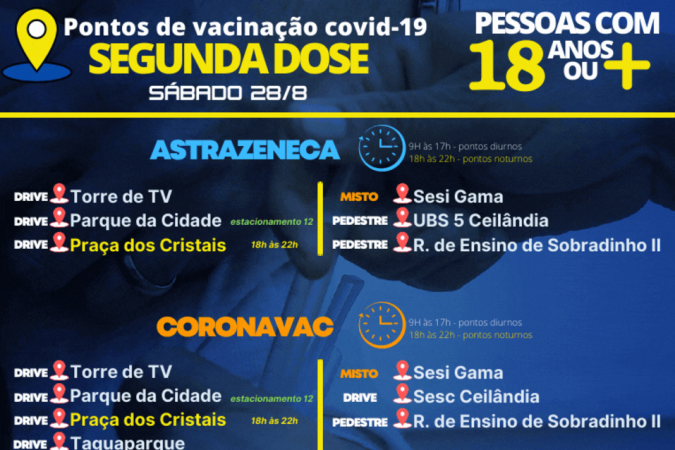 Pontos de vacinação com segunda dose no sábado (28/8)