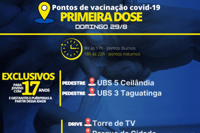 Pontos de vacinação com primeira dose no domingo (29/8)