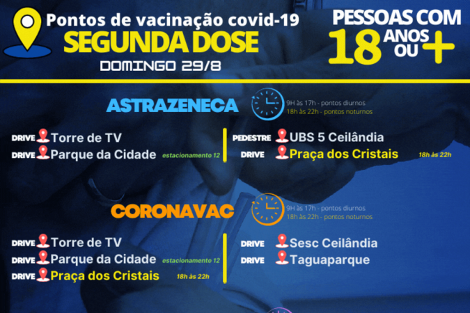 Pontos de vacinação com segunda dose no domingo (29/8)
