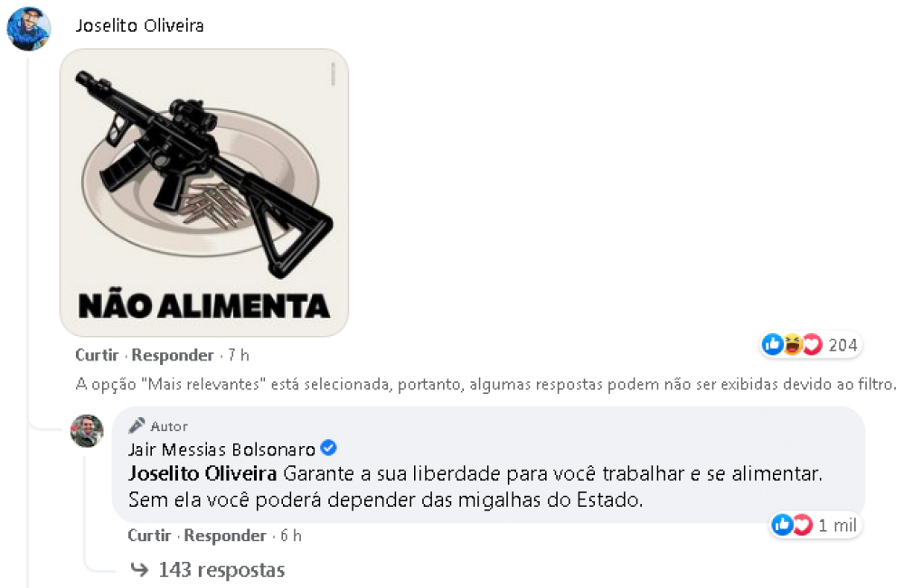 Bolsonaro responde internauta sobre armamento.
