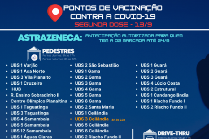 Pontos de vacinação da segunda dose nesta segunda-feira (13/9)