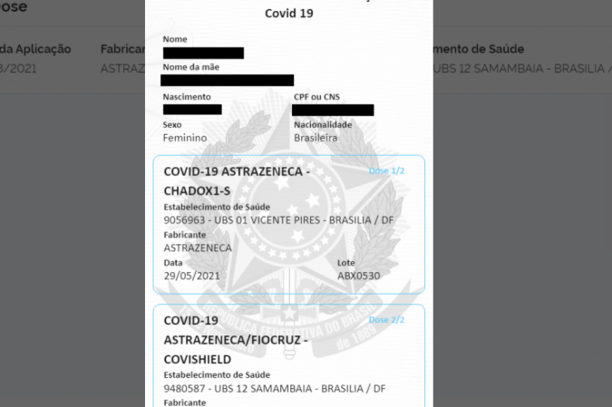 Certificado Nacional de Vacinação Covid 19 emitido pelo Conecte SUS apresenta dados pessoais e das doses tomadas