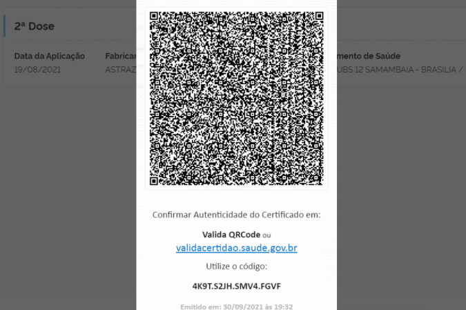 Certificado Nacional de Vacinação Covid 19 emitido pelo Conecte SUS apresenta QR Code para terceiros verificarem validade do documento