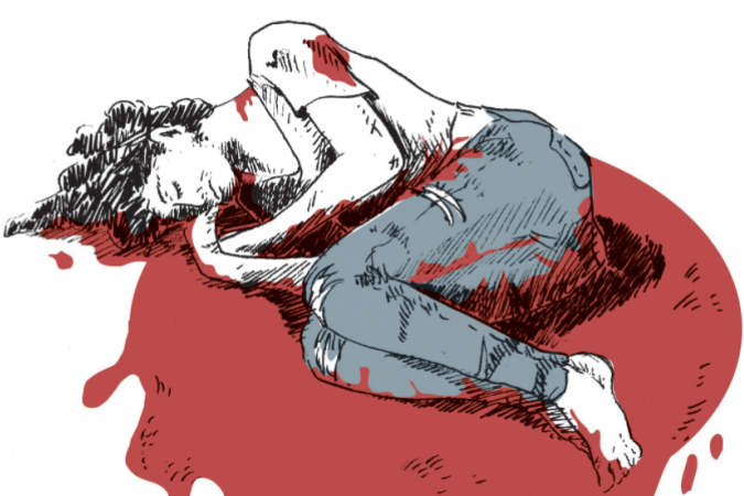 Ilustração de violência contra a mulher. Mulher deitada no chão, com poça de sangue em volta do corpo dela. Feminicídio. Maria da Penha -  (crédito: Lucas Pacífico/CB/D.A Press)