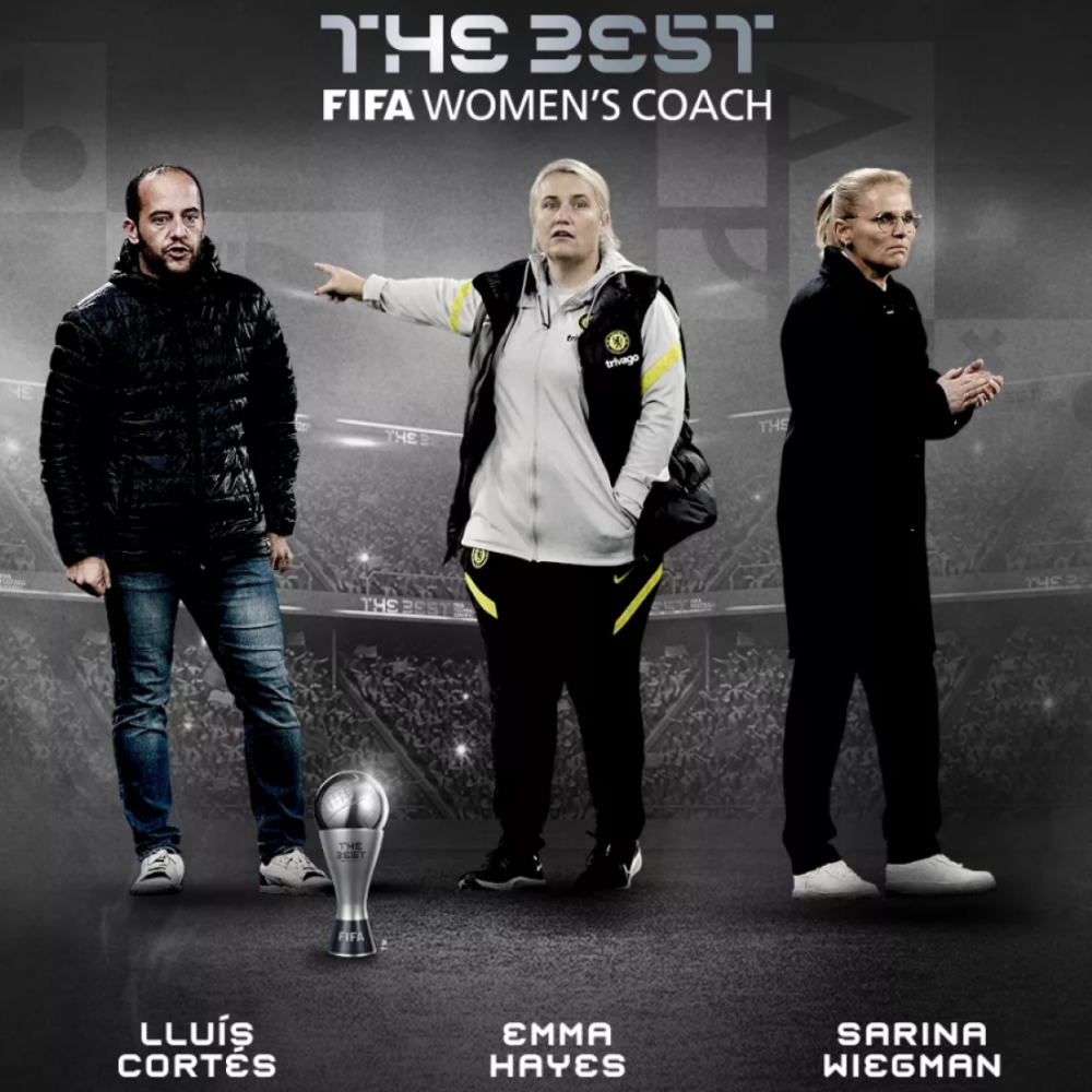 Lluís Cortés (Espanha / FC Barcelona), Emma Hayes (Inglaterra / Chelsea FC Feminino) e Sarina Wiegman (Holanda / Seleção Holandesa / Seleção Inglesa), são os indicados na categoria de times femininos