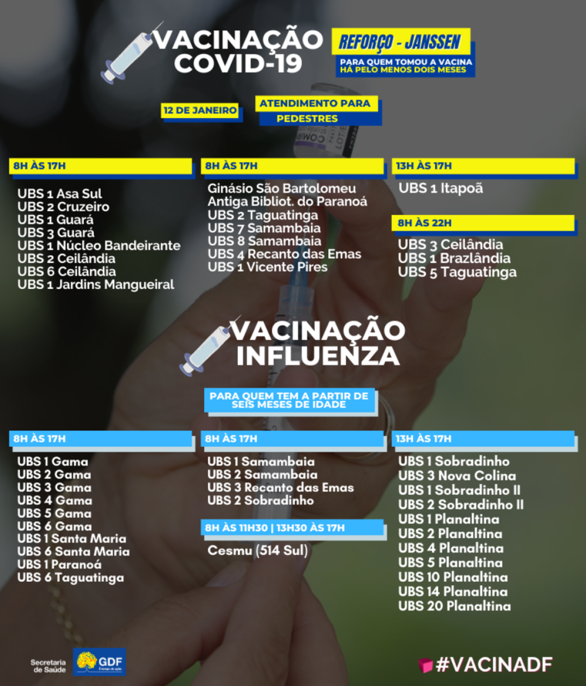Veja onde se vacinar contra covid-19 e gripe nesta quarta-feira (12/1)