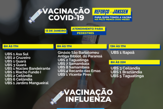 Veja onde se vacinar contra covid-19 e gripe nesta quinta-feira (13/1)
