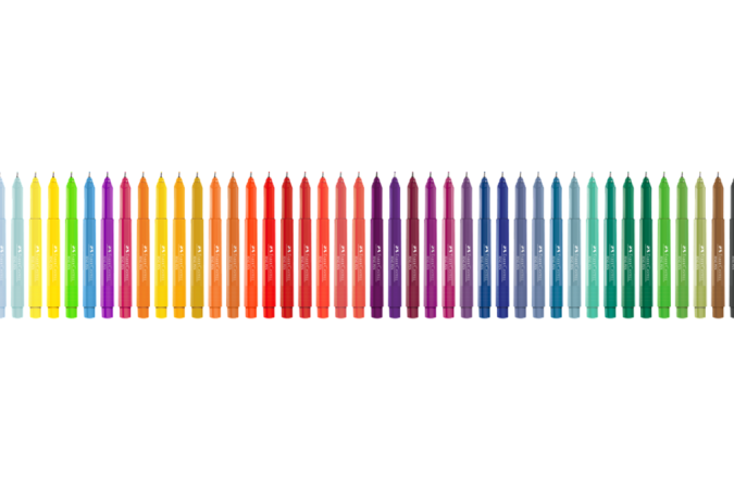  Fine Pen Colors, ponta extrafina de 0.4 mm, vem em 60 cores diferentes, da Faber Castell (R$ 5,90 cada)
