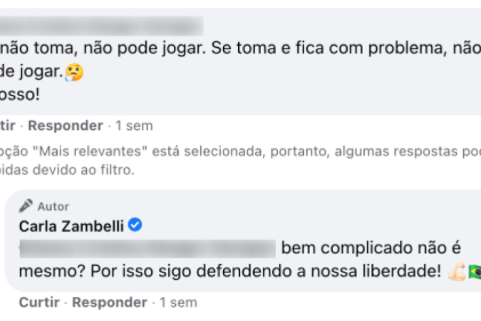 | Captura de tela da troca de mensagens de Carla Zambelli com uma usuária do Facebook feita em 28 de janeiro de 2022.

