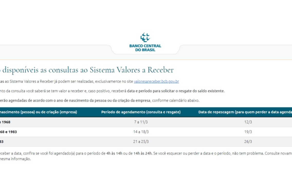 Sistema Valores a Receber define datas para consulta e resgate de dinheiro esquecido Sistema Valores a Receber define datas para consulta e resgate de dinheiro esquecido