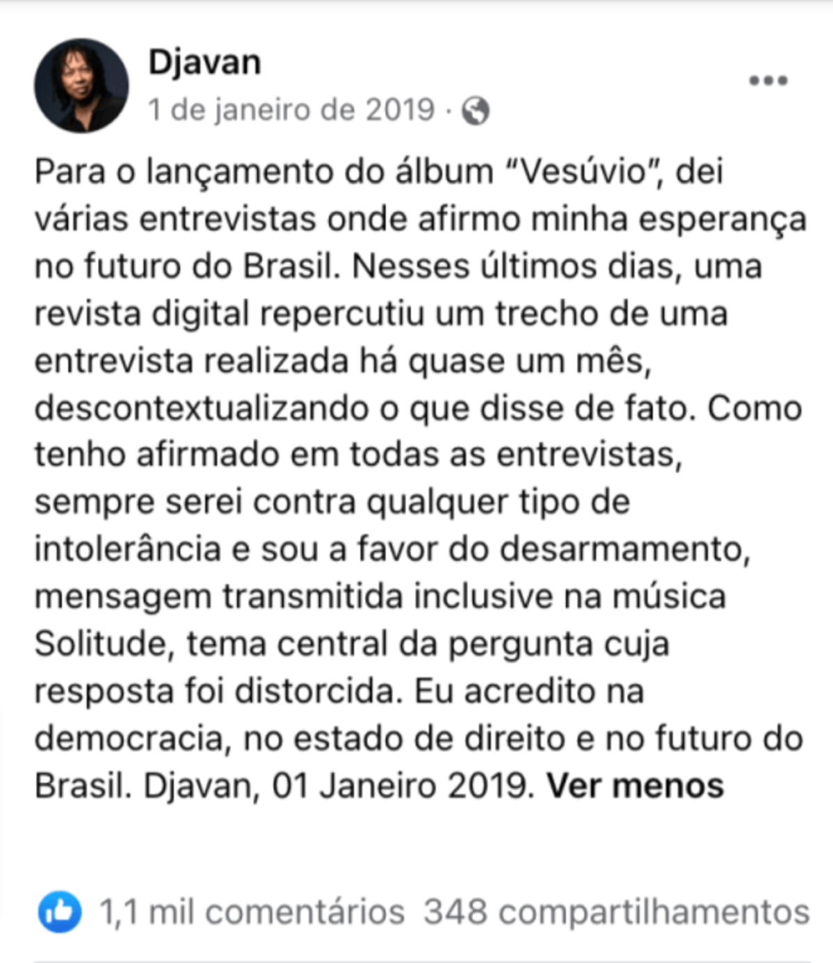 É enganosa uma postagem que sugere apoio do cantor e compositor Djavan ao governo de Jair Bolsonaro (PL) e reprovação, por parte do artista, ao mecanismo da Lei Rouanet. É enganosa uma postagem que sugere apoio do cantor e compositor Djavan ao governo de Jair Bolsonaro (PL) e reprovação, por parte do artista, ao mecanismo da Lei Rouanet.