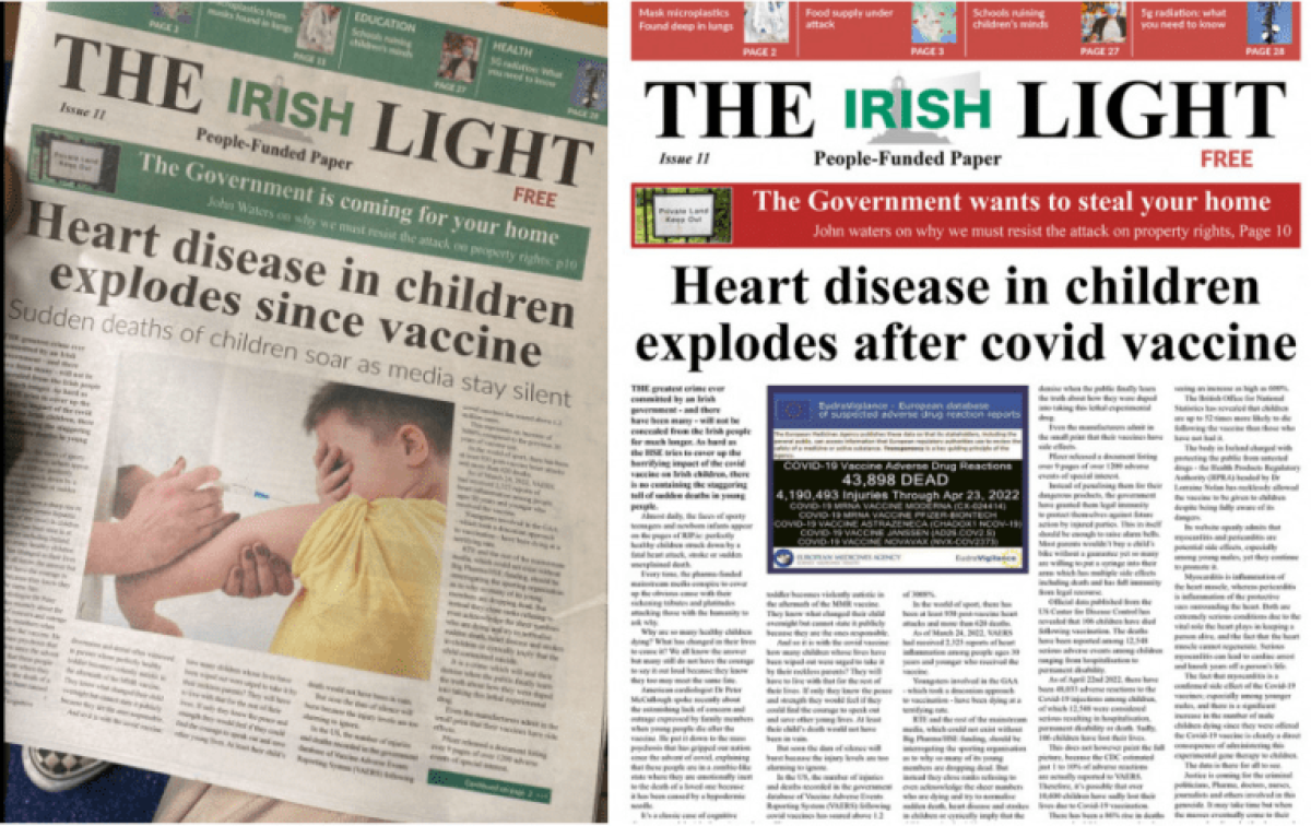 É enganosa a postagem que repercute a capa de um jornal que afirma que doenças cardíacas em crianças têm explodido desde o início da vacinação contra a covid