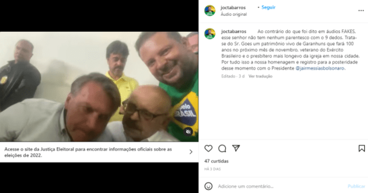 Print de postagem feita por Joctã Barros. É possível ver o filho de Goes ao fundo da imagem, em situação semelhante à foto usada no conteúdo de desinformação aqui verificado. Na legenda, Joctã diz que Goes não é parente de Lula