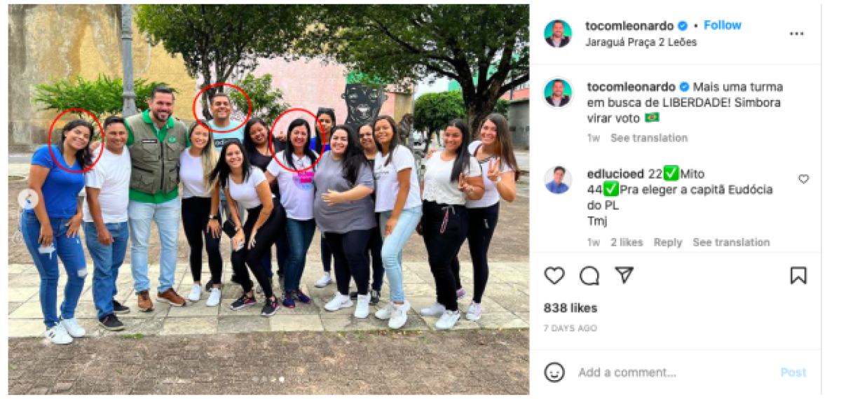  Reprodução de postagem do vereador Leonardo Dias no Instagram em que aparecem as mesmas pessoas do vídeo investigado.