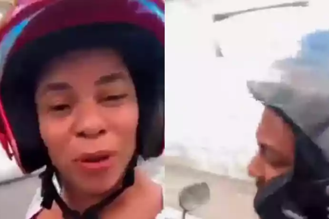 Com um capacete vermelho e um grande sorriso no rosto, ela contou que se arrumou para ver a paquera e brincou que Com um capacete vermelho e um grande sorriso no rosto, ela contou que se arrumou para ver a paquera e brincou que