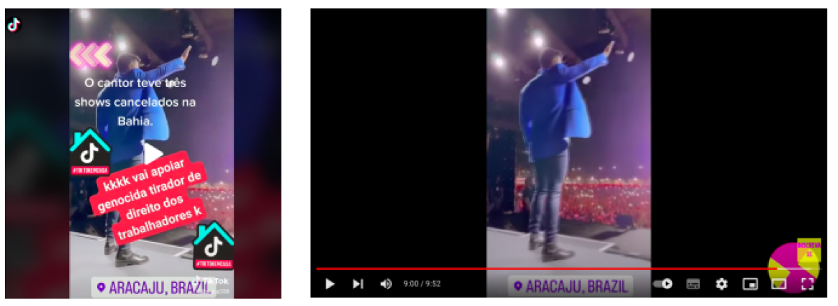 Frame do post verificado e de v&iacute;deo publicado no YouTube.