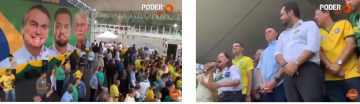  Prints de publicação feita pelo Poder360, nos quais é possível confirmar elementos da estrutura, banner e roupas utilizadas por Bolsonaro e por Cláudio Castro no comício realizado em São Gonçalo