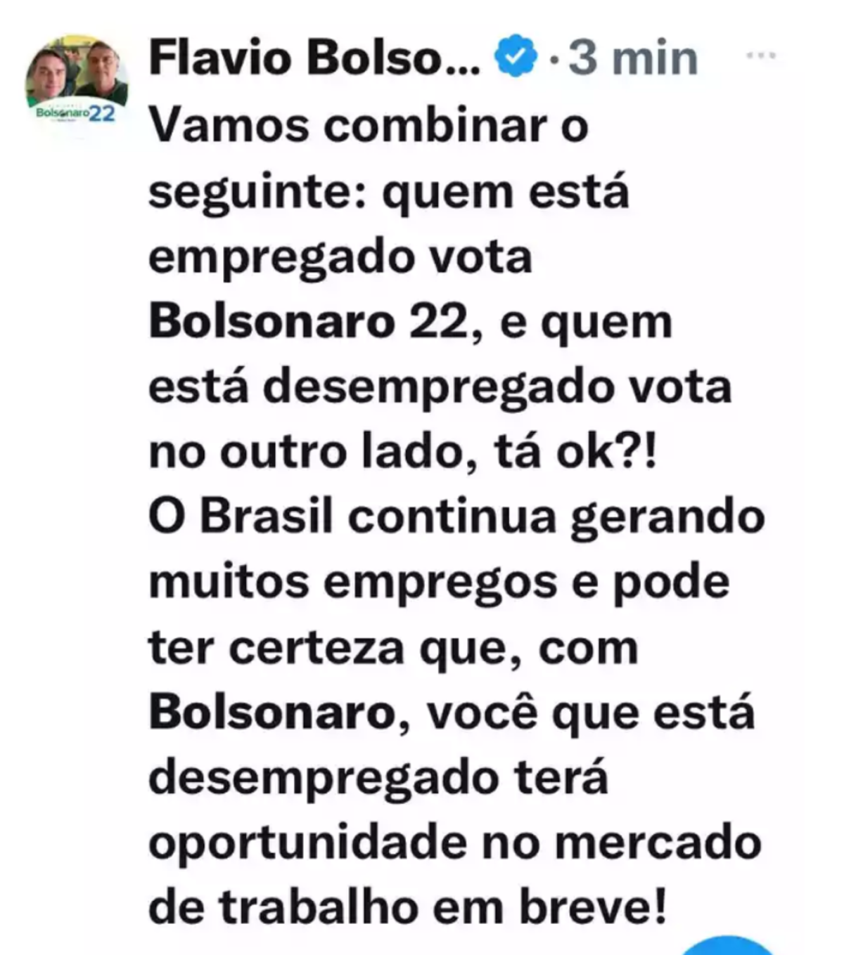 Post apagado de Flávio Bolsonaro divide votos do segundo turno entre empregados e desempregados 