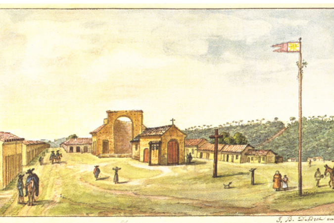 Cidade de Castro, no Paraná, em aquarela de Debret; entre os primeiros povoadores do Sul estavam sesmeiros, tropeiros, militares, comerciantes, artesãos, religiosos e sobretudo escravizados nascidos no que depois se chamaria de Nordeste - Cidade de Castro, no Paraná, em aquarela de Debret; entre os primeiros povoadores do Sul estavam sesmeiros, tropeiros, militares, comerciantes, artesãos, religiosos e sobretudo escravizados nascidos no que depois se chamaria de Nordeste -