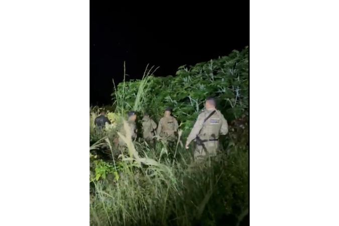 Policiais militares vistoriam área de mata no Novo Gama, onde criminosos planejavam assalto em pedágio - (crédito: PMGO/Divulgação) Policiais militares vistoriam área de mata no Novo Gama, onde criminosos planejavam assalto em pedágio - (crédito: PMGO/Divulgação)
