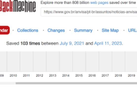 Ao colocar a URL da nota da Anvisa na caixa de pesquisa do Wayback Machine, o site informa as capturas de tela que foram feitas do conteúdo