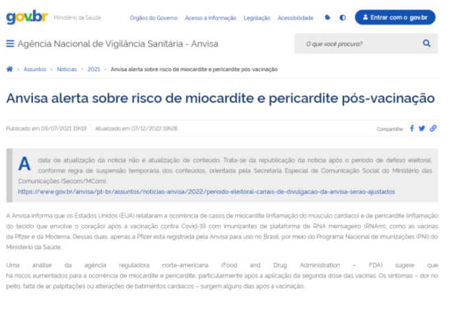 Anvisa alerta sobre risco de miocardite e pericardiate pós-vacinação
