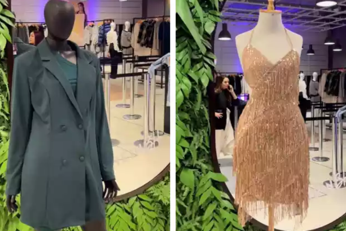 Blazer verde (R$ 123,95) e Vestido de festa (R$ 160,90)