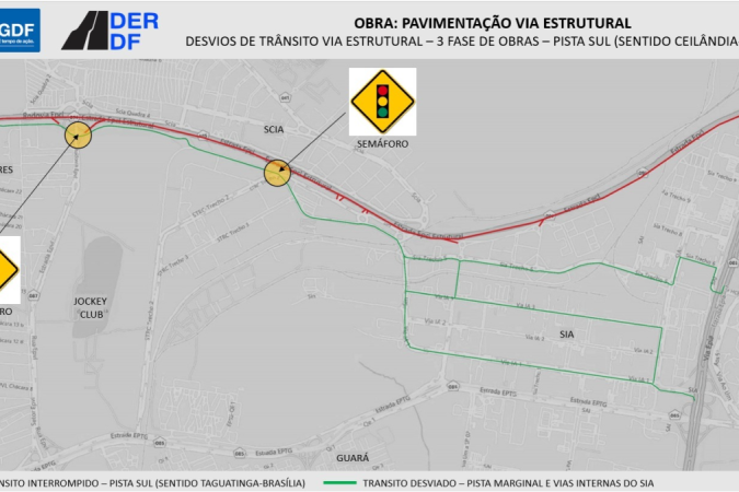 O trânsito no sentido Plano Piloto será bloqueado a partir do viaduto de o à Cidade do Automóvel, sentido Viaduto Ayrton Senna - (crédito: Divulgação/DER-DF) O trânsito no sentido Plano Piloto será bloqueado a partir do viaduto de o à Cidade do Automóvel, sentido Viaduto Ayrton Senna - (crédito: Divulgação/DER-DF)