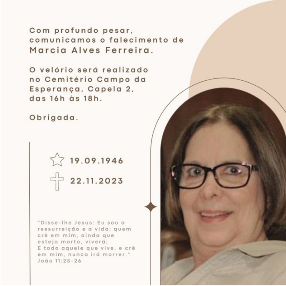 O velório da professora Márcia Alves será nesta quarta-feira (22/11), no cemitério Campo da Esperança
