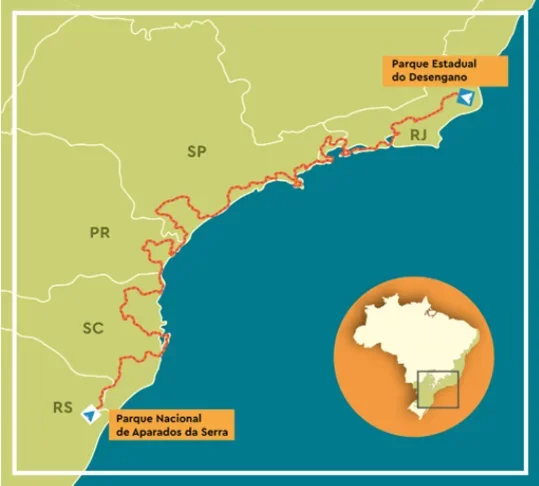 O Caminho da Mata Atlântica é a maior trilha em floresta do Brasil. Tem 4 mil km de extensão, desde o Parque Estadual do Desengano, no Rio de Janeiro, até o Parque Nacional de Aparados da Serra, no Rio Grande do Sul.  -  (crédito: Reprodução caminhodamataatlantica.org,br)