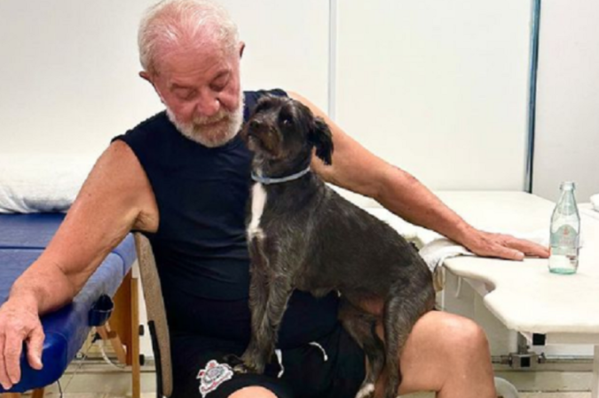 Janja publicou nas redes sociais uma foto de Lula após exercício na esteira ao lado da cadela Resistência -  (crédito: Reprodução / Redes Sociais)