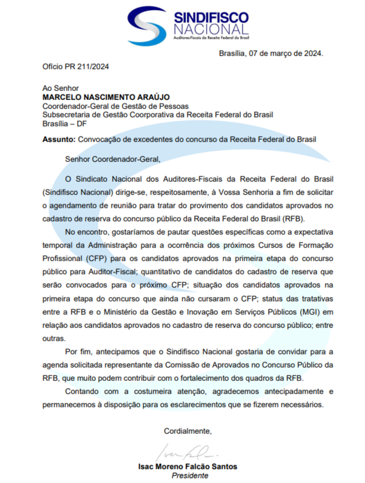 Ofício enviado pelo Sindicato Nacional de Auditores Fiscais à diretoria da Receita Federal
